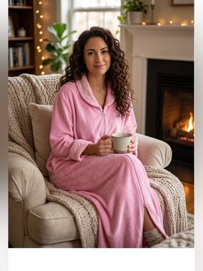 Vintage Parisian Intimates Robe Sz L Full Zip Embroidered Plush Cozy Loungewear